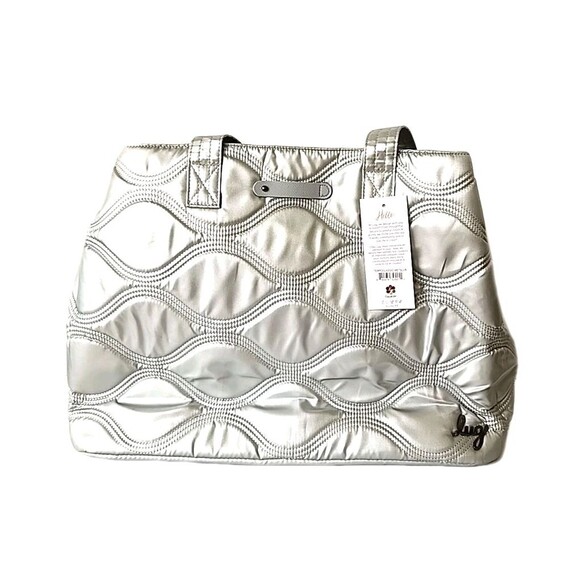 Lug Tempo Tote Metallic Silver Trolley Sleeve Padded Handles Cell Phone Pocket - Picture 2 of 16